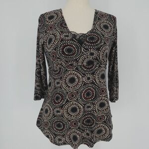 Oh! Mamma Geometric Print Lace Trim Maternity Top Black Red Cream 3/4 Sleeve Sm